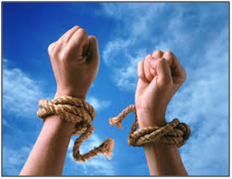two hands in the air withe rope around the wrisits and the rope is cut freeing both hands referencing anxiety